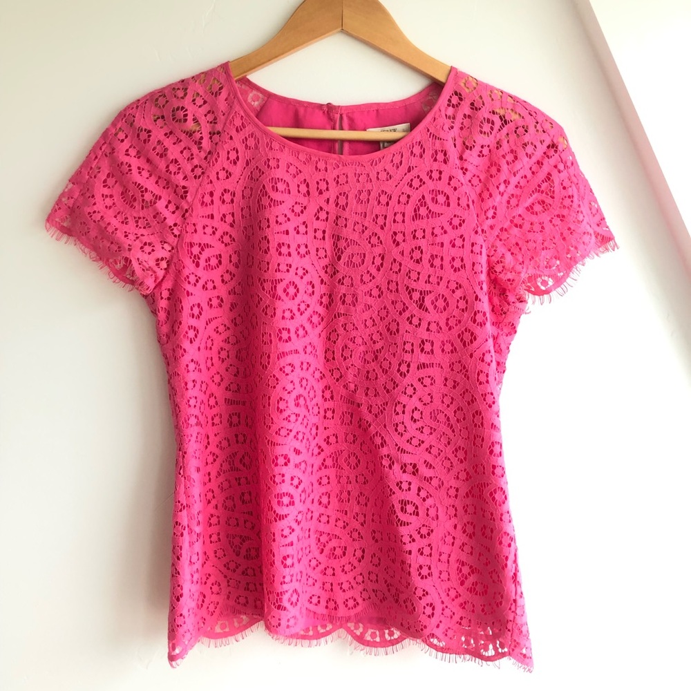 J. CREW Womens Pink Lined Lace Scalloped Cap Sleeve Round Neck Blouse Top Sz 00